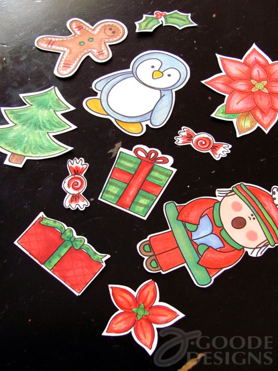 Holiday digital stamp designs by Jen Goode cut out and colored Holiday digital stamp designs by Jen Goode cut out and colored