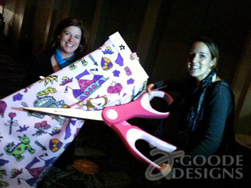 Jen Goode and Laura Kelly using fabric to making pillowcases for Conkerr Cancer Jen Goode and Laura Kelly using fabric to making pillowcases for Conkerr Cancer